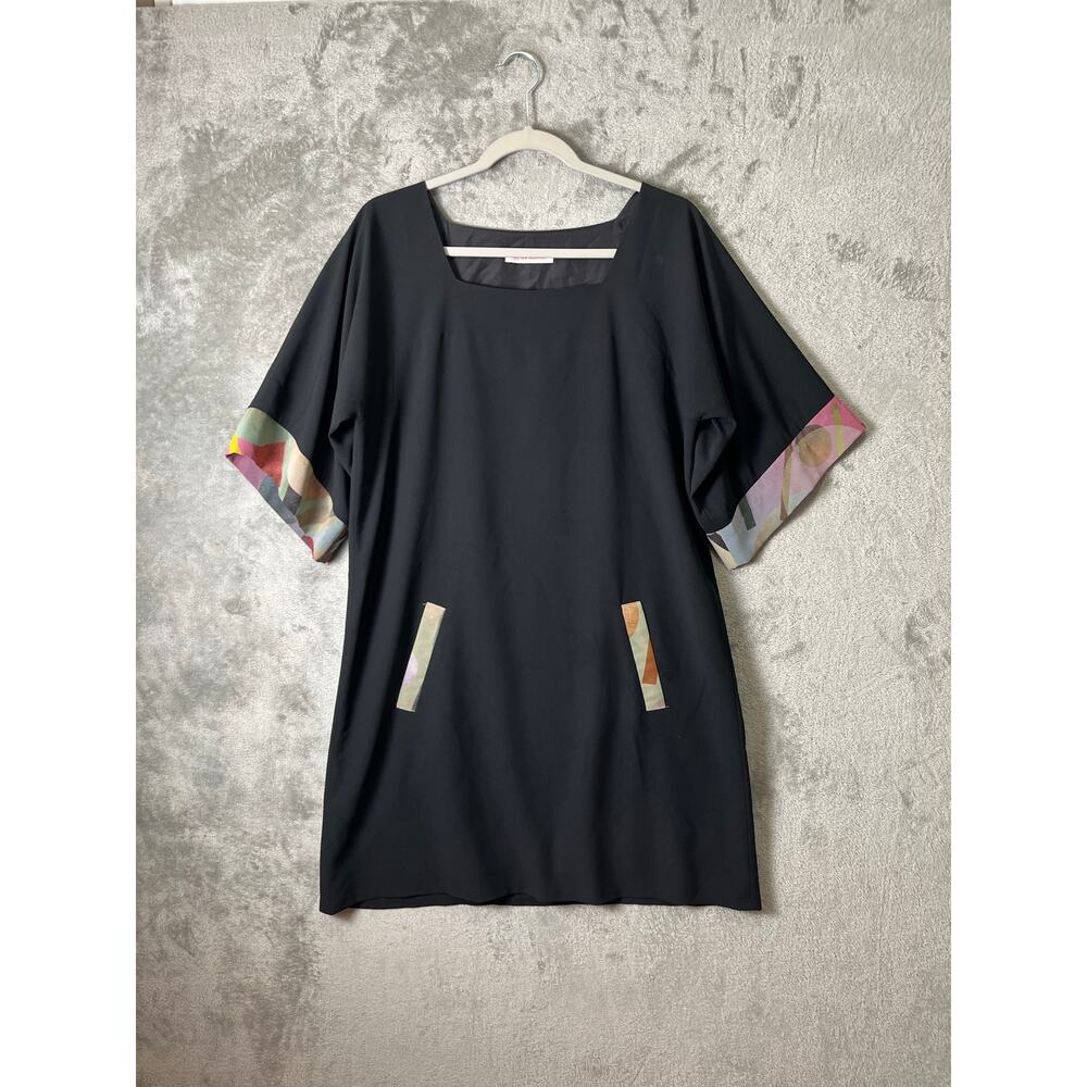 Matthew Williamson Black Mini Dress Abstract Trim Pockets Oversized Boho Size 12